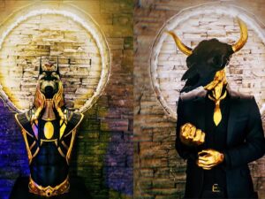 SLA 3D Printed Anubis and Baphomet Demon Sculptures Display in Bar